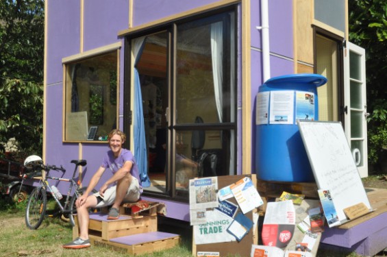 Australian d'Arcy Lunn's one room, 10sqm house built by him and volunteers as part of his Happy Simply holistic lifestyle project in Paekakariki.