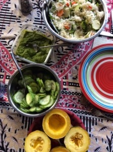 Gem squash, gherkins in ACV, green herb sauce and rice salad